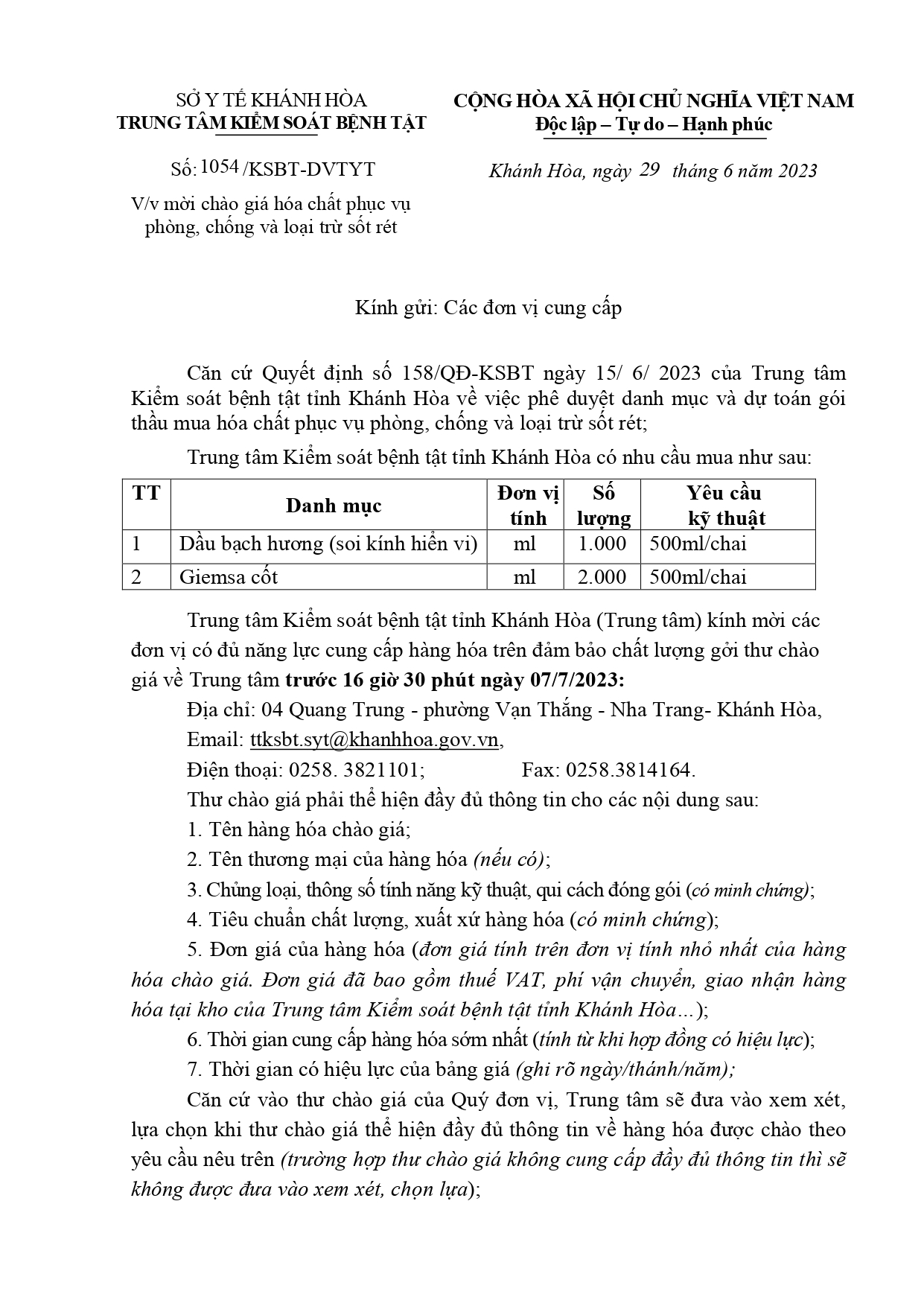 Mời chào giá hóa chất phục vụ phòng, chống và loại trừ sốt rét